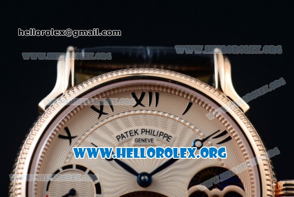Patek Philippe Grand Complication Swiss Tourbillon Manual Winding Rose Gold Case with Rose Gold Dial Roman Numeral Markers and Black Leather Strap - Click Image to Close